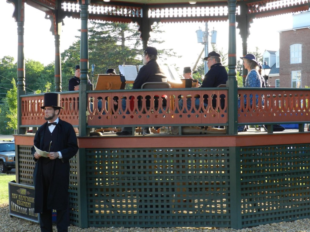 Abraham Lincoln, as portrayed by Canterbury's Jim Miller, stands at the edge of the repaired and refurbished Belmont town bandstand Saturday night. (COURTESY)